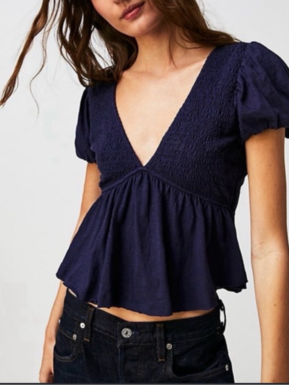 2 for $30 : Free people navy blue Charlotte Smocked V-Neck Peplum Top open back